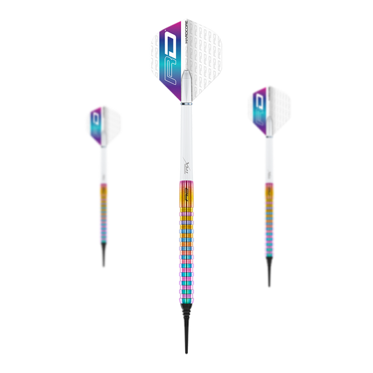 Šipky Red Dragon Javelin Spectron Soft - 20g Das Bild zeigt drei Softdarts des Modells "Red Dragon Javelin Spectron" mit einem Gewicht von 20g. Die Darts haben farbenfrohe Griffe und weiße Flights mit lila und blauer Verzierung.
