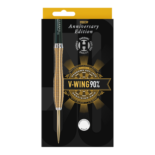 Harrows Anniversary Edition V-Wing Steel Darts Dies ist eine Verpackung für Steeldarts der Marke Harrows, Anniversary Edition. Auf der Packung steht "V-WING 90%" und "Precision Grip".