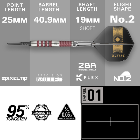 Měkké šipky Target Stephen Bunting 95K - 19g Das Bild zeigt die Softdarts "Target Stephen Bunting 95K" mit einem Gewicht von 19g. Die wichtigsten Maße sind 25 mm Spitzenlänge, 40,9 mm Barrel-Länge und 19 mm Schaftlänge.