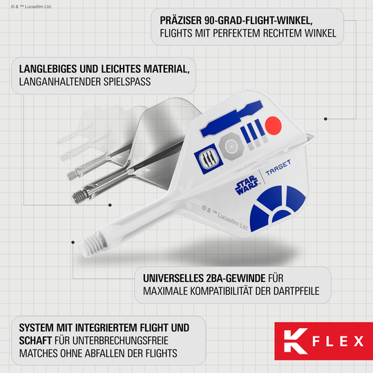 Standardní letky Target Star Wars K-Flex R2D2 No2 Das Bild zeigt die Target Star Wars K-Flex R2D2 No6 Flights. Sie sind eine dekorative Ergänzung für jeden Dartpfeil im Star Wars Look.