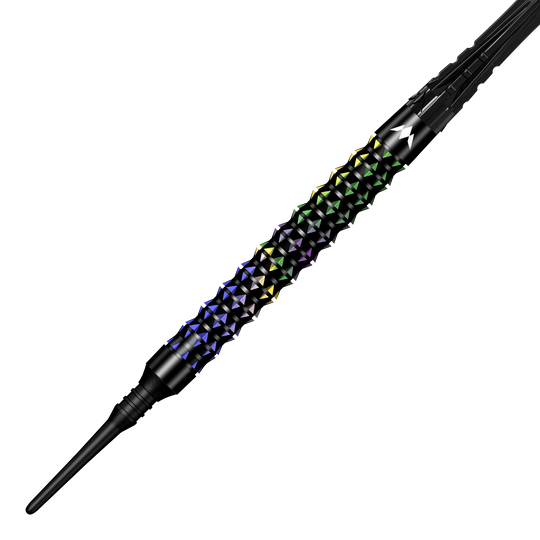 Měkké šipky Mission Black Opal - 20g Mission Black Opal Softdarts - 20g wird seitlich präsentiert. Das Design betont die schwarze Oberfläche und die hochwertige Verarbeitung.
