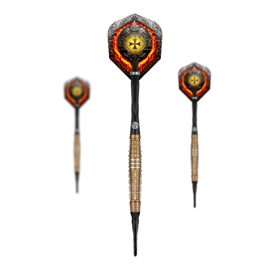 Das Bild zeigt drei Softdarts des Produkts "Shot Future Knights Hachette Softdarts - 20g". Die Darts haben ein auffälliges Design mit einem leuchtenden Symbol auf den Flights und einem gold-schwarzen, geriffelten Barrel.