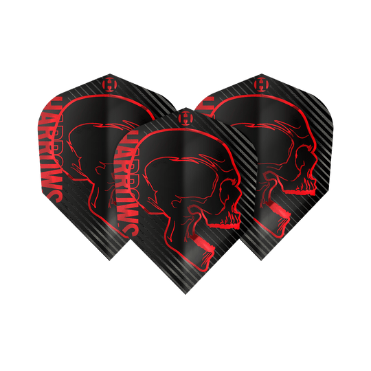 Letenky Harrows Rage Red No6 Das Bild zeigt drei schwarze Dartflights mit einem roten Totenkopfdesign und dem Schriftzug "Harrows" an der Seite. Die Flights sind Teil des Produkts "Harrows Rage Red No6 Flights".