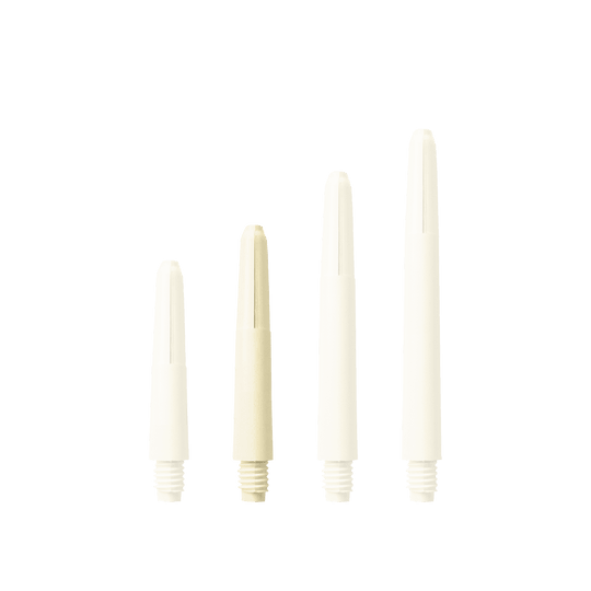576_Nylon_Shafts_Naturweiss_35mm_16vLmlVYycmdMo Das Bild zeigt vier Nylon-Schäfte in naturweißer Farbe, die in verschiedenen Längen angeordnet sind. Sie besitzen ein Schraubgewinde am unteren Ende.