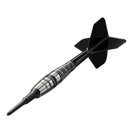 Das Bild zeigt einen Target Japan Black Marque PW 2 Softdart mit einem Gewicht von 18g. Der Dart hat ein silber-schwarzes Design mit schwarzen Flights und Spitze.