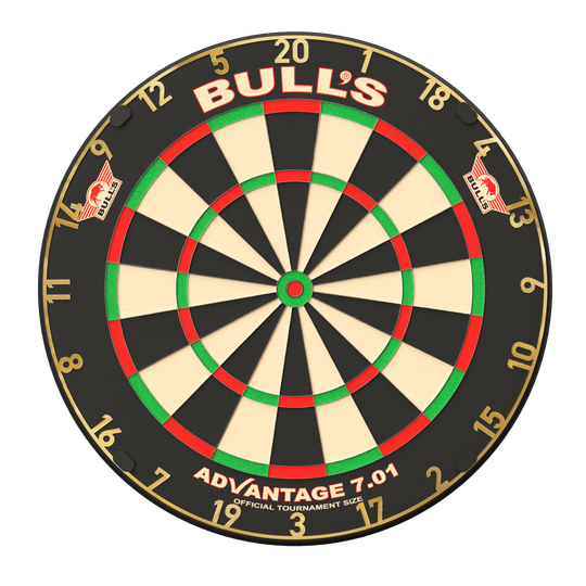 Das Bild zeigt eine klassische Steeldart-Scheibe mit dem Namen "Bulls NL Advantage 701". Die Zahlen und farbigen Segmente sind gut lesbar, und das Logo „BULL'S“ ist oben deutlich zu erkennen.