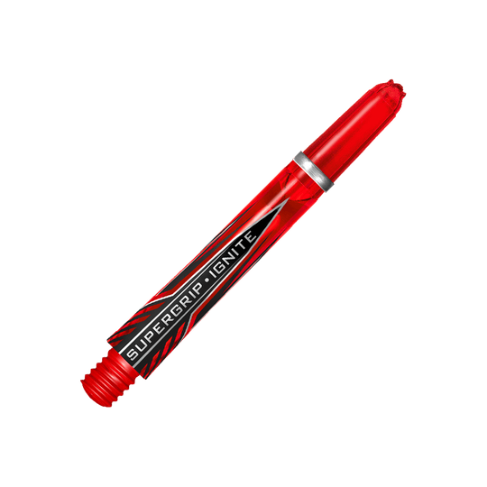 HR384_Harrows_Supergrip_Ignite_Shafts_Rot_40mm_2 Das Bild zeigt einen roten Harrows Supergrip Ignite Shaft. Im Hintergrund sind rote und schwarze Streifen zu sehen, die den Shaft hervorheben.