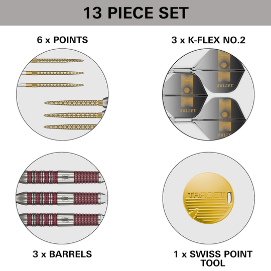 Šipky Target Stephen Bunting 95K Swiss Point Steel Das Bild zeigt ein 13-teiliges Dart-Set mit Spitzen, Schäften, Barrels und einem Swiss Point Werkzeug. Es handelt sich um das Produkt "Target Stephen Bunting 95K Swiss Point Steeldarts".