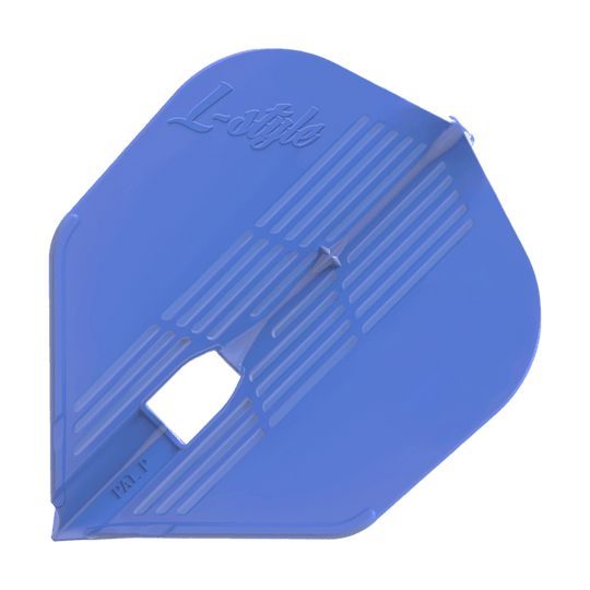 Letky KAMI L3PRO ve stylu L Das Bild zeigt ein blaues Dartflight mit dem Schriftzug "L-style" darauf. Das Flight hat eine eckige Form und gerillte Muster.