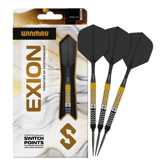 Auf dem Bild sind die Winmau Exion Parallel Switch Point Steeldarts komplett abgebildet. Die Darts eignen sich ideal für professionelle Spieler.