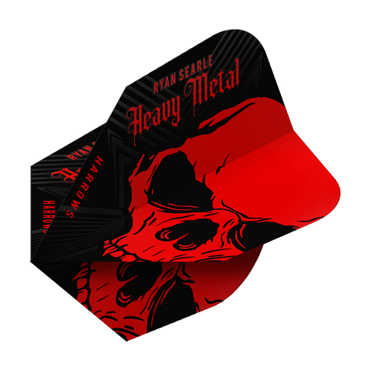 Harrow's Ryan Searle Heavy Metal No6 Flights Das Bild zeigt das Produkt "Harrows Ryan Searle Heavy Metal No6 Flights". Die Flights sind schwarz und rot gestaltet und zeigen einen auffälligen Totenkopf mit dem Schriftzug "Heavy Metal".