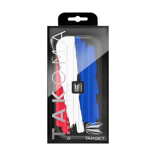 330002_Target_Takoma_Flag_Holland_Dartwallet_4QsxHYqWHjpOD0 Das Bild zeigt eine Target Takoma Flag Holland Dartwallet in einer Verpackung. Die Darttasche hat ein Design mit roten, weißen und blauen Farbstreifen, die an die niederländische Flagge erinnern.