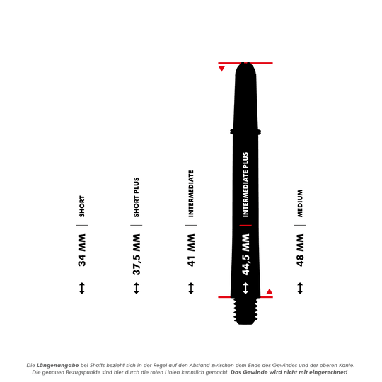 110180_Target_Pro_Grip_Shafts_5_445mm_5Varianten Das Bild zeigt fünf verschiedene Längen von Target Pro Grip Shafts, die von 34 mm bis 48 mm reichen. Die Längenvarianten sind Short, Short Plus, Intermediate, Intermediate Plus und Medium.