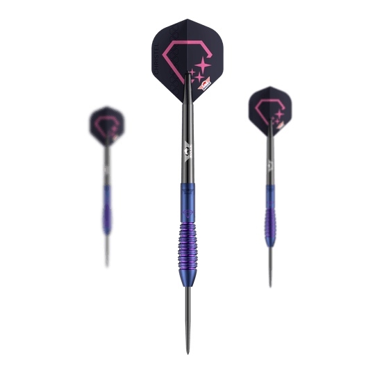 Zu sehen ist ein Set der Bulls NL Christel Timmermans Satellite 90 Steeldarts 25g. Das Set eignet sich perfekt für ambitionierte Spieler.