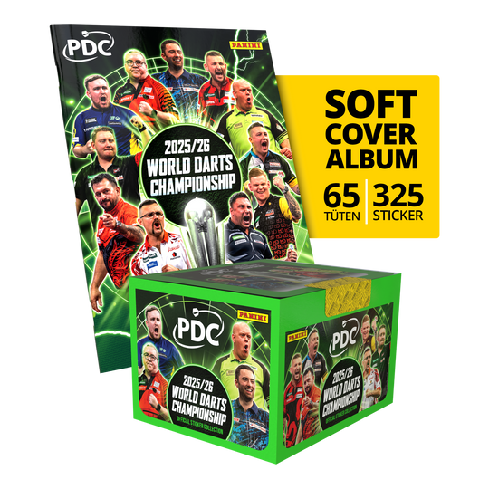 Panini PDC World Darts Championship 2025/26 - Balíček v měkké vazbě s krabičkou s nálepkami Das Bild zeigt das Panini PDC World Darts Championship 2025/26 Softcover Bundle mit einer Stickerbox. Dieses Bundle enthält ein Softcover-Album und eine Box voller Sticker.