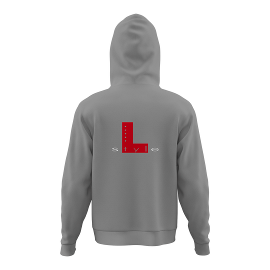 Mikina ve stylu L – šedá Der Hoodie ist grau und hat auf der Rückseite ein großes rotes "L" mit dem Wort "style" darunter. Das Design ist schlicht und modern gehalten.