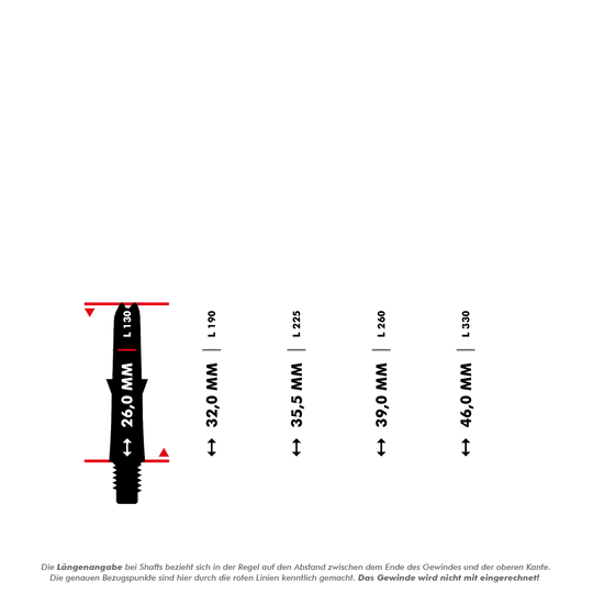 Karbonové hřídele ve stylu L Das Bild zeigt verschiedene Längen von L-Style L-Shaft Carbon Schäften ohne Kappen, jeweils in Millimetern angegeben. Die rote Linie markiert den Messbereich von jedem Schaft, wobei das Gewinde nicht mit eingerechnet wird.