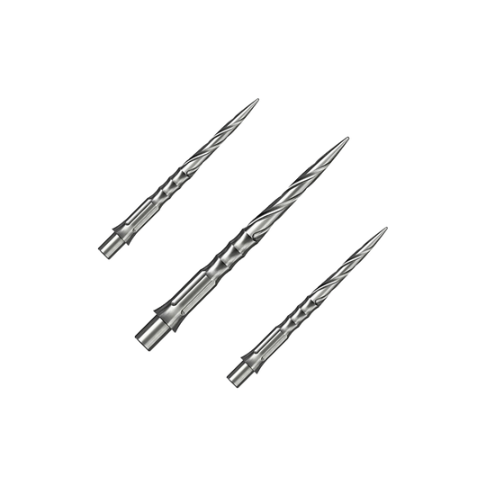 Ocelové hroty na šipky Caliburn System - Spiro - NoLip - stříbrné Das Bild zeigt ein Set von Caliburn Evo System Steeldartspitzen in Silber, 28 mm lang und mit Spiro-Design. Mehrere Spitzen sind geordnet dargestellt.