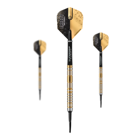 Měkké šipky Harrow's Dave Chisnall Chizzy Series 2 Das Bild zeigt drei Softdarts der Marke "Harrows Dave Chisnall Chizzy Series 2" mit gold-schwarzem Design. Die Darts haben schwarze Flights und silber-goldene Griffe mit schwarzer Spitze.