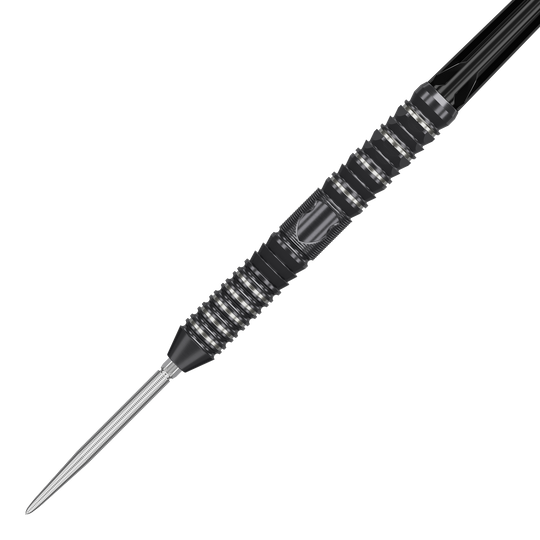 Ocelové šipky Target Japan Black Marque Draco GEN2 Das Bild zeigt einen Target Japan Black Marque Draco GEN2 Steeldart. Der Dartpfeil ist schwarz mit silbernen Rillen und hat ein modernes, strukturiertes Design.