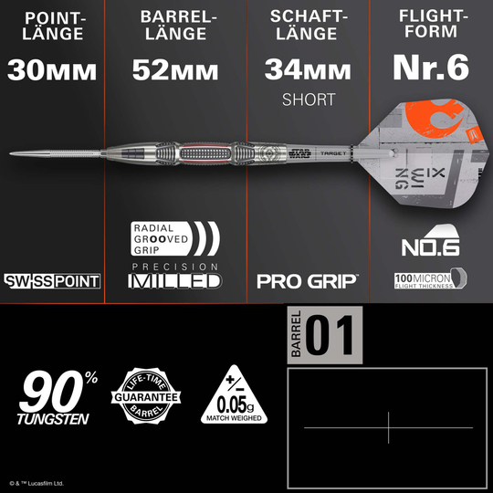 Ocelové šipky Target Star Wars X-Wing Swiss Point Auf diesem Foto sieht man die Target Star Wars X-Wing Swiss Point Steeldarts. Die Steeldarts sind im Stil des X-Wing aus Star Wars gestaltet.