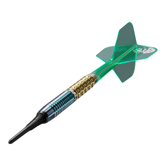 Das Bild zeigt die Target Japan Prime Series Zenith GEN 2.5 Softdarts mit einem Gewicht von 20g. Die Darts sind für das Softdartspiel geeignet und haben ein modernes Design.