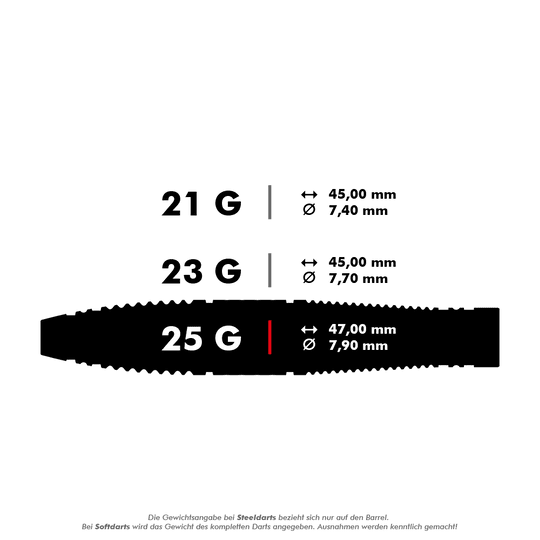Ocelové šipky Target Scope 03 Swiss Point Das Bild zeigt drei verschiedene Steeldarts mit den Gewichten 21 g, 23 g und 25 g. Die Maße Länge und Durchmesser sind für jedes Gewicht angegeben.