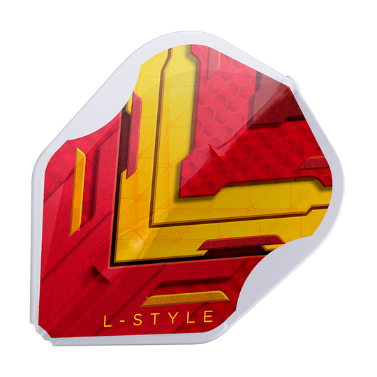 Letky L-Style V Series V1 Type A Španělsko Čirá bílá L3EZ Dies ist ein L-Style V-Series V1 Type A Spain Clear White L3EZ Flight. Das Design ist rot und gelb mit einem weißen Rand und der Aufschrift "L-STYLE".