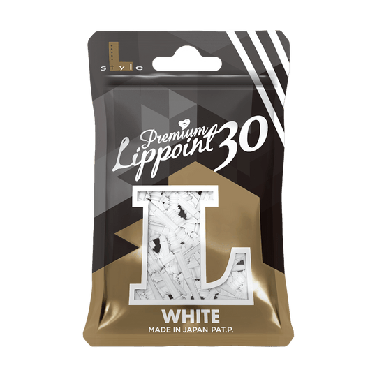 LIP43_L-Style_Premium_Lippoints_30_Softdartspitzen_30erPack_Weiss_3 Auf dem Bild ist eine Packung mit weißen Premium Lippoint Softdartspitzen zu sehen. Die Verpackung enthält 30 Stück und ist Made in Japan.
