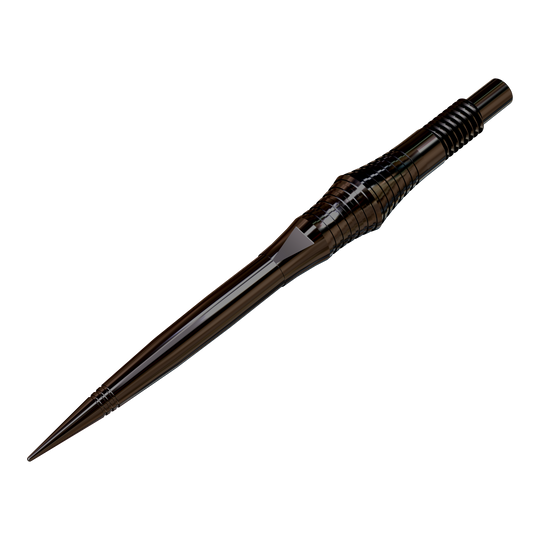 Špičky na šipky Harrows Quick Point Spire Elite Series - černé Zu sehen sind schwarze Dartspitzen, die auf einer ebenen Fläche ausgebreitet sind. Die Spitzen werden aus einer leicht schrägen Perspektive präsentiert.
