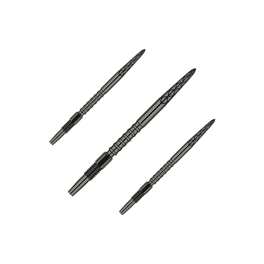 Šipkové hroty Target Swiss DS Surge Point - černé Auf dem Bild sind drei schwarze Dartspitzen zu sehen. Sie sind schlank, haben ein strukturiertes Muster und liegen nebeneinander.