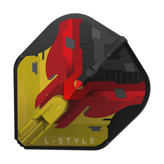 Das Bild zeigt ein Dart-Flight der Marke "L-Style" in schwarz, rot und gelb mit geometrischem Muster. Unten steht der Schriftzug "L-STYLE".