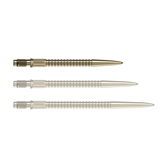 Špičky na šipky Mission R2.5 Rapid Point GV1 - zlaté Goldene Dartspitzen liegen nebeneinander auf einer weißen Fläche. Diese Spitzen eignen sich für das Dartspiel.
