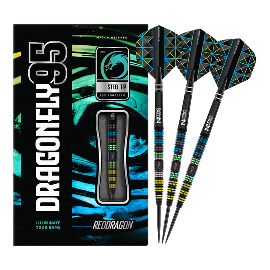 Die Abbildung zeigt das Produkt "Red Dragon Dragonfly 95 Black Tapered Steeldarts" mit moderner, bunter Verpackung. Drei schwarze Steeldarts mit farbigen Akzenten und speziellen Flights sind daneben zu sehen.
