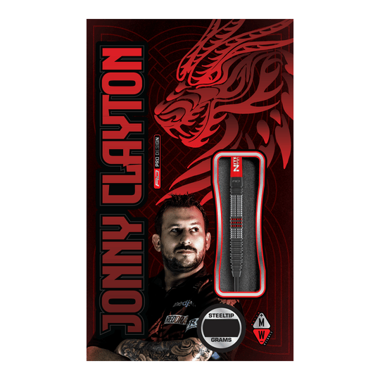 Ocelové šipky Red Dragon Jonny Clayton Hiraeth Die Abbildung zeigt die Verpackung der "Red Dragon Jonny Clayton Hiraeth Steeldarts". Auf der Verpackung sind ein Porträt von Jonny Clayton sowie ein stilisierter roter Drache abgebildet.