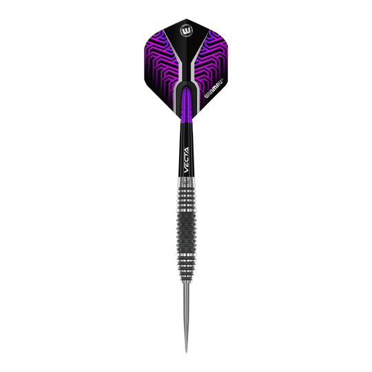 Ocelové šipky Winmau Kairos 01 Auf dem Bild ist ein Winmau Kairos 01 Steeldart zu sehen. Der Dartpfeil hat ein modernes Design mit schwarzem und lila Muster am Flight.