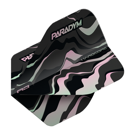 Das Bild zeigt die Red Dragon Hardcore Paradym No2 Standard Flights für Darts. Die Flights haben ein modernes, wellenförmiges Muster in Schwarz, Grau und Rosa mit den Aufschriften "PARADYM" und "HARDCORE".