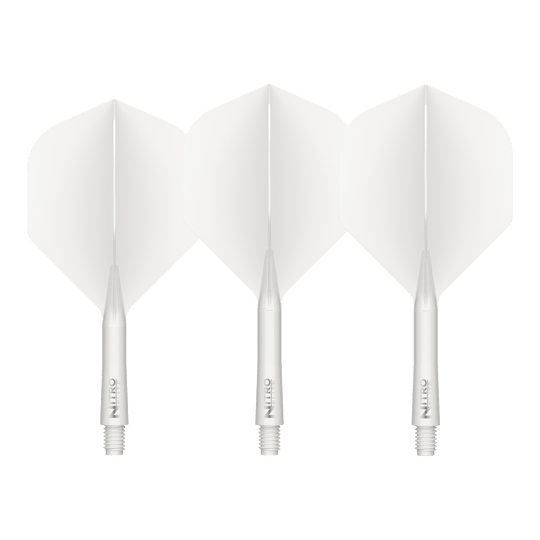 Abgebildet sind die Red Dragon Nitroflite White Shaft White Flights No2. Diese Flights und Shafts sind in Weiß gehalten.