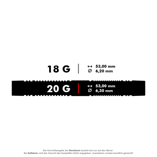 Target Scope 10 měkkých šipek Das Bild zeigt die technischen Daten von zwei Softdarts mit einem Gewicht von 18 g und 20 g. Beide Darts sind 53 mm lang, der Durchmesser beträgt 6,2 mm bzw. 6,3 mm.