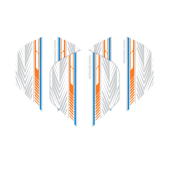 Das Bild zeigt die Pentathlon White Orange Blue No2 Standard Flights. Sie sind weiß mit auffälligen orangefarbenen, blauen und grauen Linienmustern gestaltet.