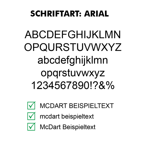 Flightdruck-Schriftart-ArialVAxAbbSrsONKb Beispiel eines Dart-Flights mit Arial-Schriftzug. Das Muster zeigt eine elegante Schriftart auf weißem Hintergrund.