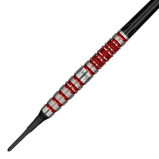 Měkké šipky Target Black Marque Spinel - 21,5 g Target Black Marque Spinel Softdarts - 21,5g ist ein hochwertiger Softdart. Das Bild zeigt das schwarze Dartpfeil-Design mit markanten Elementen.