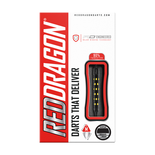 Die Verpackung zeigt die "Red Dragon Nirvana Softdarts - 20g" mit einem modernen Design. Die Darts bestehen aus 90% Tungsten und sind speziell für Softtip-Spiele geeignet.