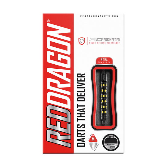 RD2386_Red_Dragon_Nirvana_Softdarts_3 Die Verpackung zeigt die "Red Dragon Nirvana Softdarts - 20g" mit einem modernen Design. Die Darts bestehen aus 90% Tungsten und sind speziell für Softtip-Spiele geeignet.
