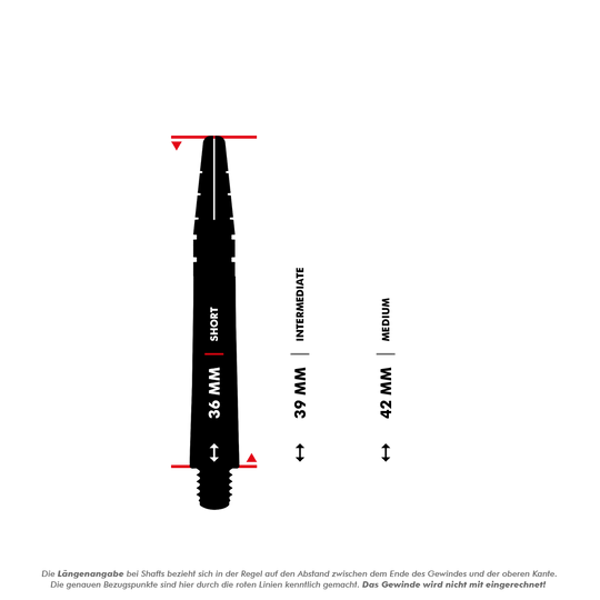 Red Dragon Nitrotech Luke Humphries Coolhand šachty - modré Das Bild zeigt einen Dart-Shaft mit einer Länge von 36 mm, gekennzeichnet als "Short". Neben dem Shaft sind zwei weitere Längen (39 mm "Intermediate" und 42 mm "Medium") mit Pfeilen und Markierungen dargestellt.