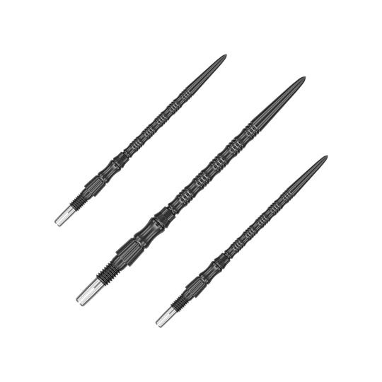 Abgebildet ist ein Set schwarzer Dartspitzen aus der SwissPoint Signature TRB Serie. Die Spitzen haben eine Länge von 42 mm.