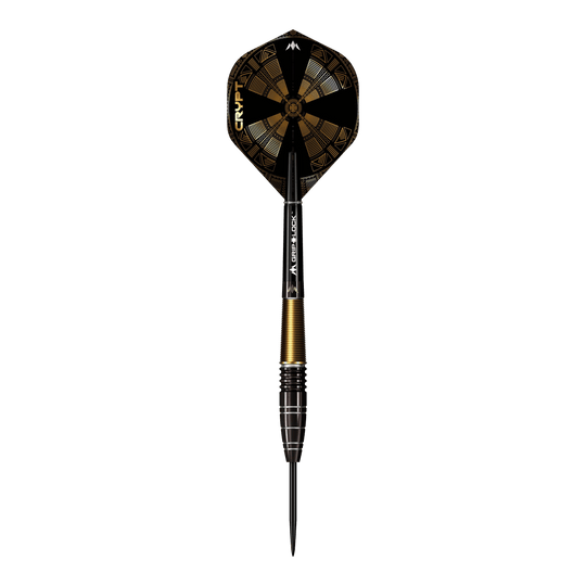 Ocelové šipky Mission Crypt Model 1 - 22g Das Bild zeigt einen Mission Crypt Model 1 Steeldart mit einem Gewicht von 22g. Der Dart ist schwarz-gold gefärbt und hat ein geometrisches Design auf dem Flight.