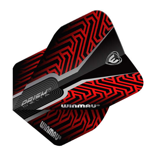 Das Bild zeigt ein Winmau Prism Delta Kairos No2 Standard Dart-Flight in Rot. Das Flight hat ein auffälliges, geometrisches Muster in Rot und Schwarz mit dem Winmau-Logo.