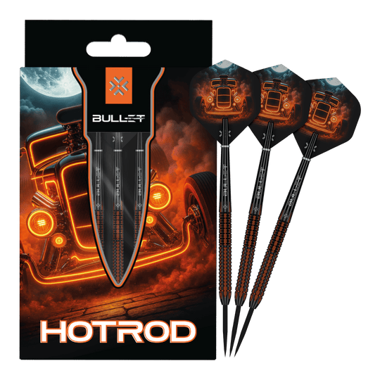 Ocelové šipky Bullet Hotrod Bullet Hotrod Steeldarts sind zu sehen. Das Bild zeigt das vollständige Set der Steeldarts.