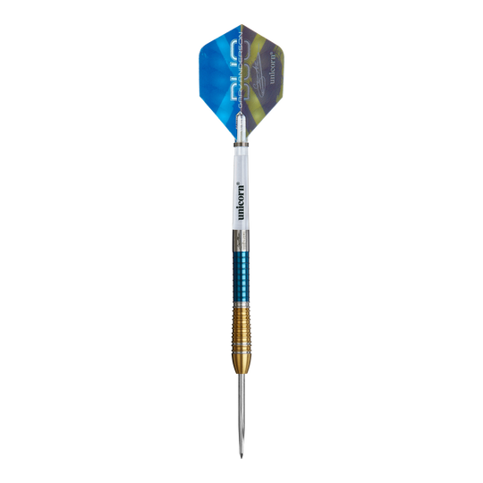 Das Bild zeigt den Unicorn Gary Anderson Duo Phase 6 Steeldart. Der Dartpfeil hat einen blauen, goldenen und weißen Schaft mit einer blauen und grünen Flights.